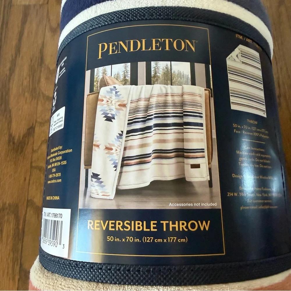 Pendleton Geometric and Striped Blanket - Blue, Cream, and Tan Size 50in x 70in - Picture 4 of 8